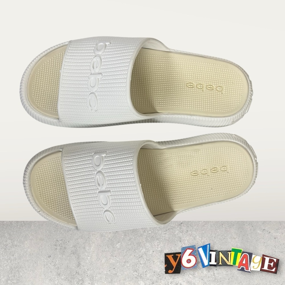 Bebe Cream and White Slide Sandals